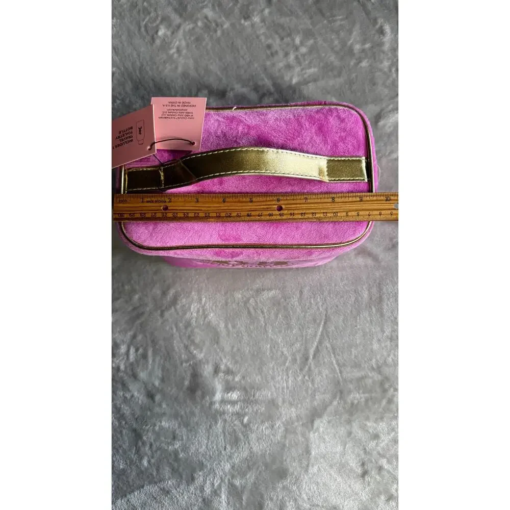 Juicy Couture NEW Pink Velvet Travel Toiletry Cosmetic Bag Bottle Gold Logo Zip